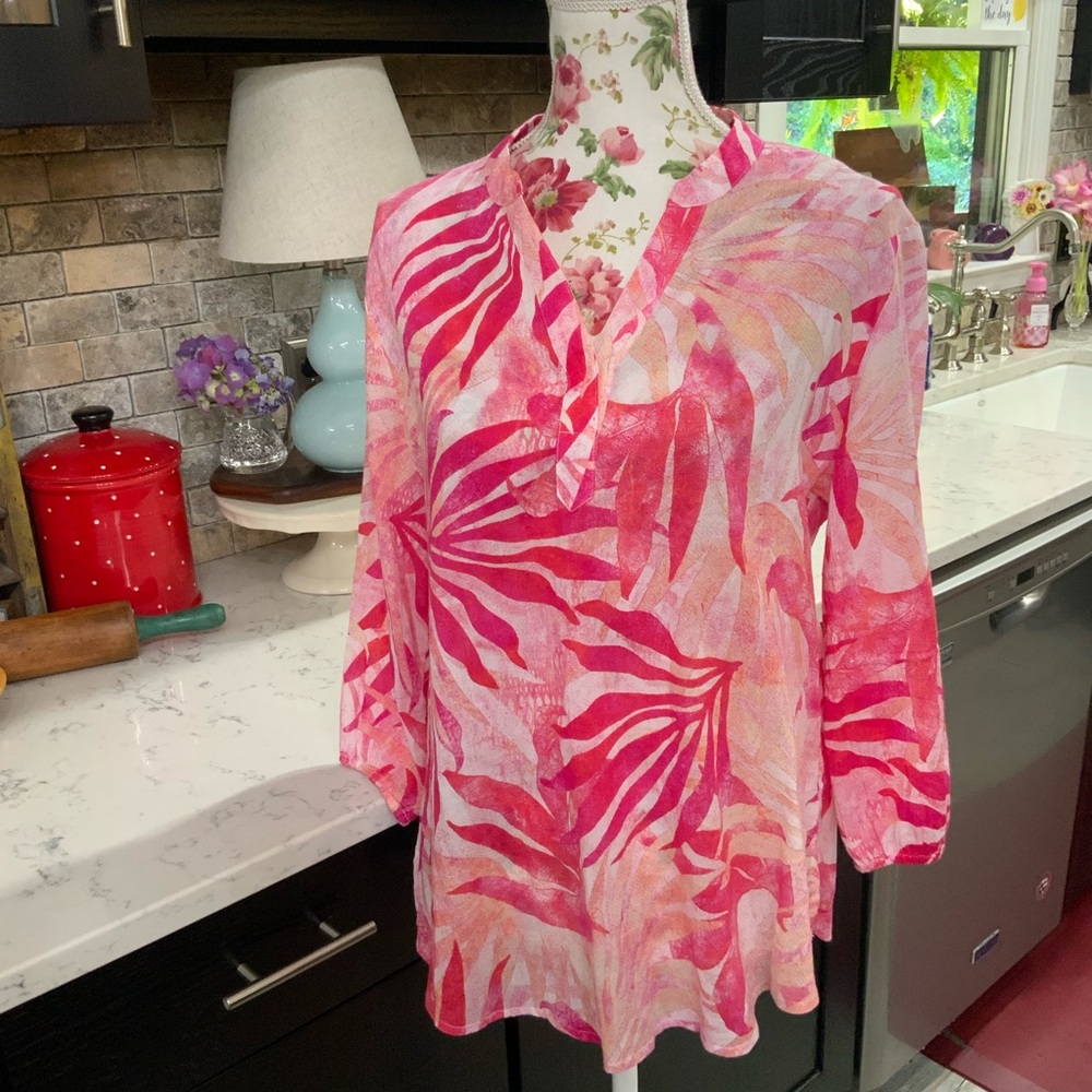 Chico's Pink and Red Leaf Print Blouse
